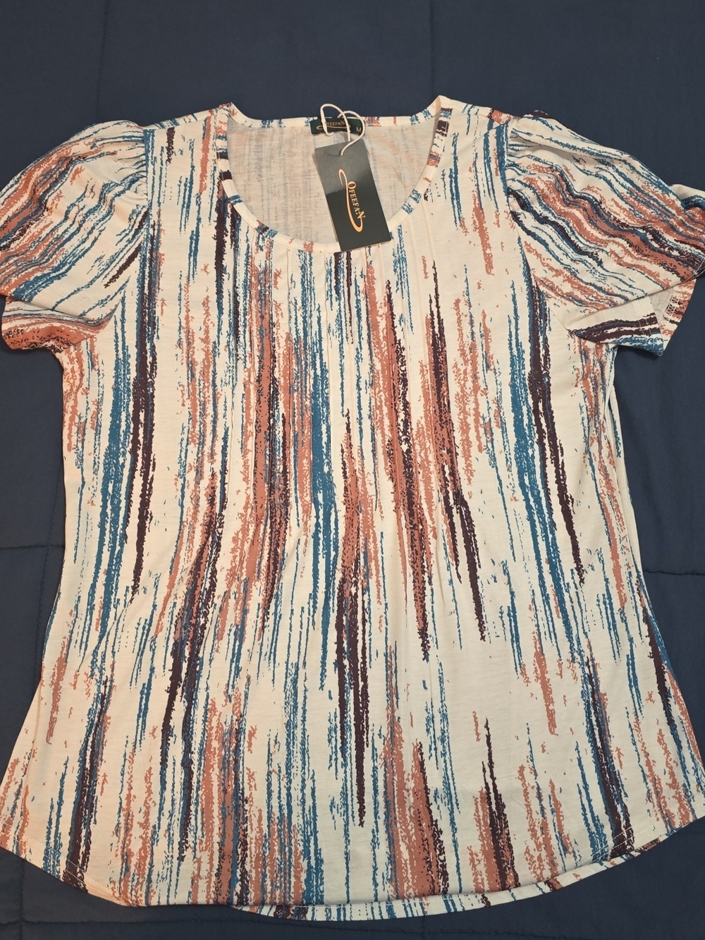 Leota Cream Short-Sleeve Scoop Neck Tee with Blue and Brown Brushstroke Stripes
